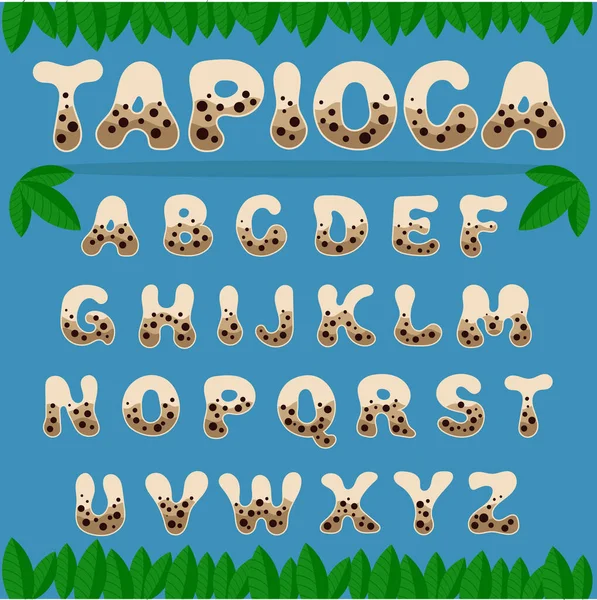 Tapioca alfabesi. Kahverengi taşaklı bej harfler. Mavi arkaplanda vektör