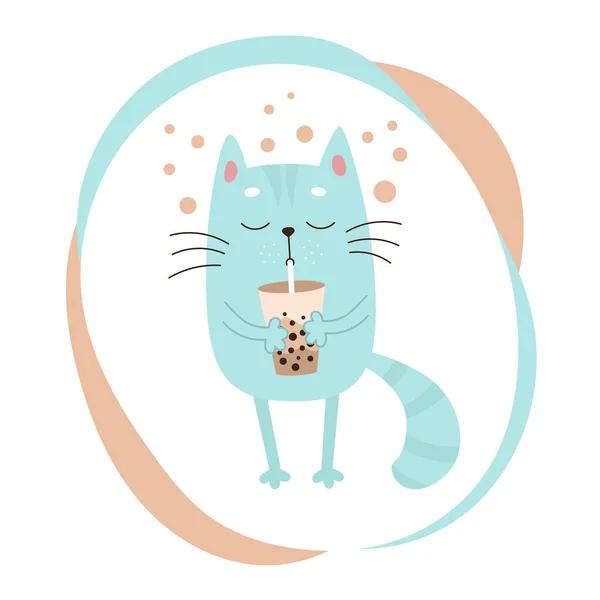 Niebieski kot trzyma w łapach szklankę herbaty z tapioki. Wizerunek wektora — Wektor stockowy