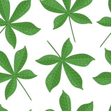 Beyaz arka planda Cassava yaprakları. Tapyoka. Vektörsüz desen