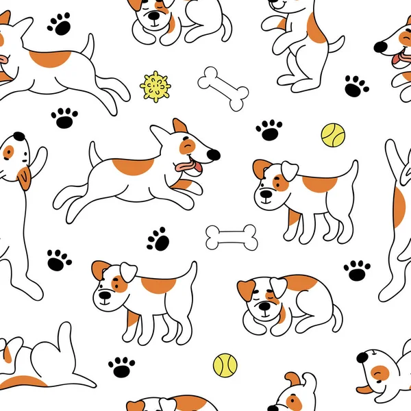 Vector seamless pattern with dogs.Cute funny puppies play, jump, sleep.Children textile.Hand doodle illustration on white background.