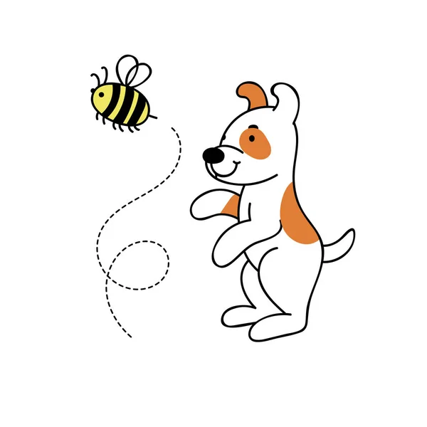 Χαριτωμένο Αστείο Σκυλί Bee Home Κουτάβι Pet Hand Doodle Διανυσματική — Διανυσματικό Αρχείο