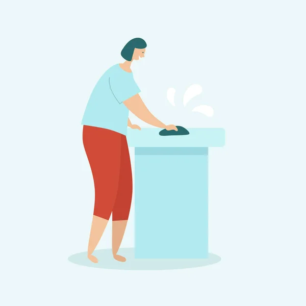 Kobieta Sprzątająca Dom Gospodyni Domowa Myjąca Stół Szmatą Koncepcja Sprzątania — Wektor stockowy