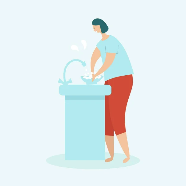 女人在打扫房子家庭主妇在洗碗槽里洗碗 家庭清洁和清洁的概念 浅蓝色背景上的平面矢量插图 — 图库矢量图片