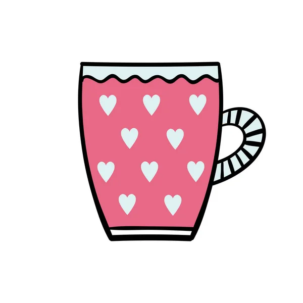 Söt rosa kaffemugg med hjärtan. Vektor hand klotter illustration för restaurang eller café. God morgon, frukost, dryck, kaffe, te. — Stock vektor