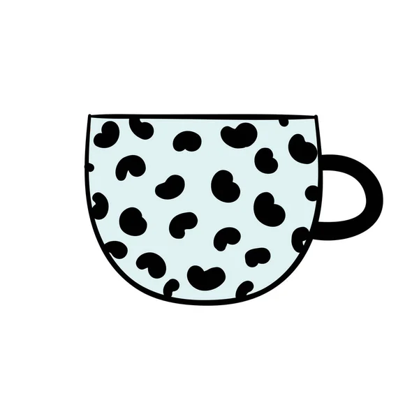 Cute blue coffee mug with black spots. Vector hand doodle illustration for restaurant or coffee shop. Good morning, breakfast, drink, coffee, tea. — Stock Vector