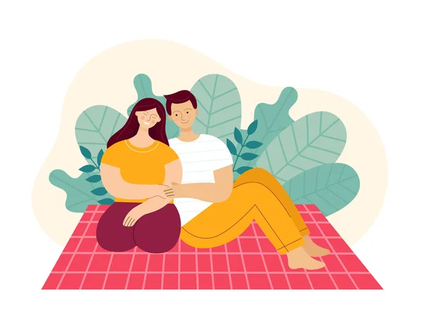 Liefdevol koppel op picknick in park.man en vrouw zitten op de ruit en glimlachen.Concept van ontspannen op een weekend in het voorjaar of de zomer. Een familie paar, echtgenoot en vrouw.Vlakke kleur vector illustratie. — Stockvector