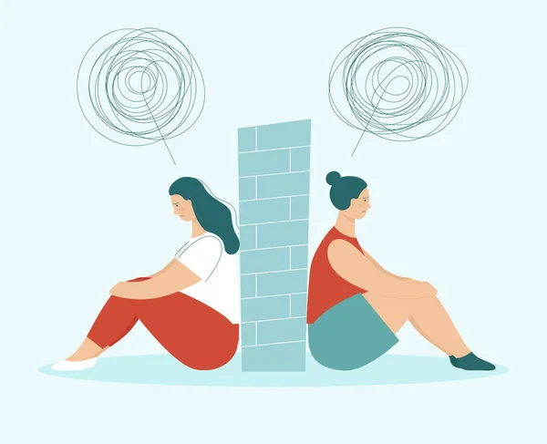 Two sad women in quarrel sitting back to back. Between them wall. Concept of problems in partnership, friendship and love relationships. LGBT couple. Flat vector illustration isolated. — Stock Vector