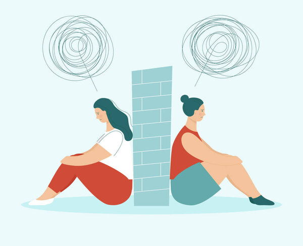 Two sad women in quarrel sitting back to back. Between them wall. Concept of problems in partnership, friendship and love relationships. LGBT couple. Flat vector illustration isolated.