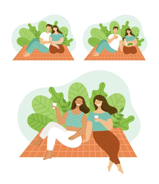 Personas Adultas Haciendo Picnic Parque Familia Con Niño Mujeres Amigas — Vector de stock