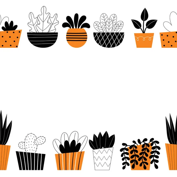 Vektorrand Von Zimmerpflanzen Wohnkultur Gartenarbeit Topfblumen Raumdekoration Stilisierte Design Illustration — Stockvektor