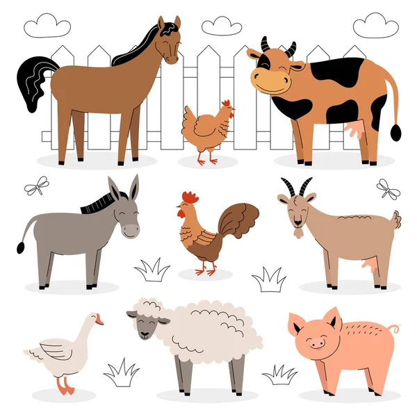 Ζώα αγροκτήματος σε λευκό φόντο. Συλλογή από κινούμενα σχέδια χαριτωμένα ζώα μωρό και τα πουλιά. Αγελάδα, πρόβατο, κατσίκα, άλογο, γάιδαρος, γουρούνι, κοτόπουλο, κόκορας, χήνα. Απομονωμένη επίπεδη διανυσματική απεικόνιση. — Διανυσματικό Αρχείο