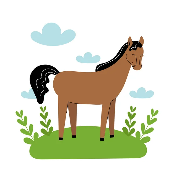 かわいい茶色の馬が牧草地に立っている。漫画の農場の動物、農業、素朴な。青い雲と緑の草と白い背景にシンプルなベクトルフラットイラスト. — ストックベクタ
