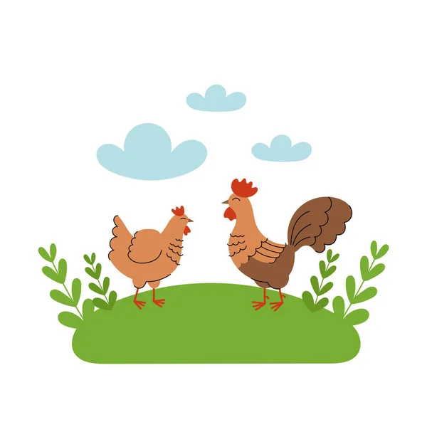 Cute hen and rooster stands in the meadow. Cartoon farm animals, agriculture, rustic. Simple vector flat illustration on white background with blue clouds and green grass. — Stock Vector