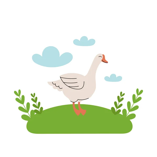 Cute white goose stands in the meadow. Cartoon farm animals, agriculture, rustic. Simple vector flat illustration on white background with blue clouds and green grass. — Stock Vector