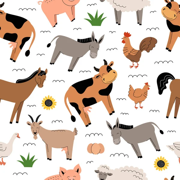 Ζώα αγροκτήματος απρόσκοπτη μοτίβο σε λευκό φόντο. Συλλογή από κινούμενα σχέδια χαριτωμένα ζώα μωρό και τα πουλιά. Αγελάδα, πρόβατο, κατσίκα, άλογο, γάιδαρος, γουρούνι, κοτόπουλο, κόκορας, χήνα. Απομονωμένη επίπεδη διανυσματική απεικόνιση. — Διανυσματικό Αρχείο