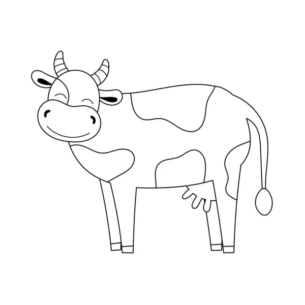 Cute Contour Doodle Cow Milk Products Farm Animals Birds Illustration — Stock Vector