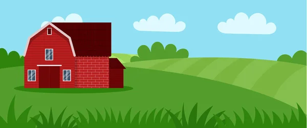 Lantgård Grön Äng Lantbruksbyggnad Platt Vektor Illustration Bakgrund Blå Himmel — Stock vektor