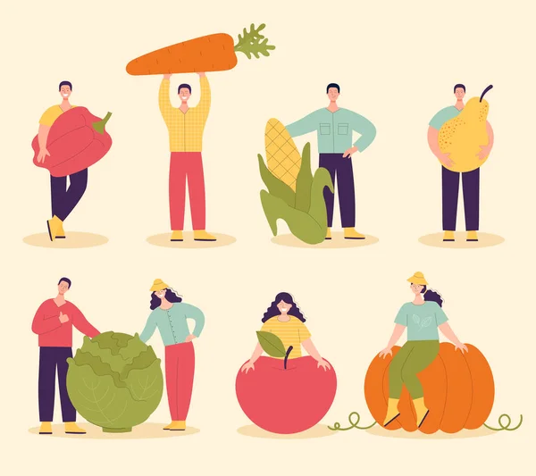 Een Set Van Mensen Met Grote Groenten Fruit Oogstconcept Vegetarisme — Stockvector