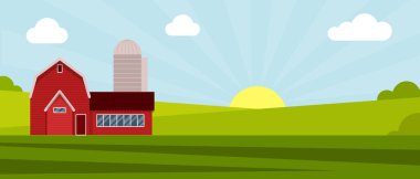 Yeşil bir çayırdaki çiftlik evi, tarım inşaatı. Bulutlu mavi gökyüzünün arka planında düz vektör çizimi. Çizgi film kırsal manzara panorama alanı. Web sitesi için panorama alanı.