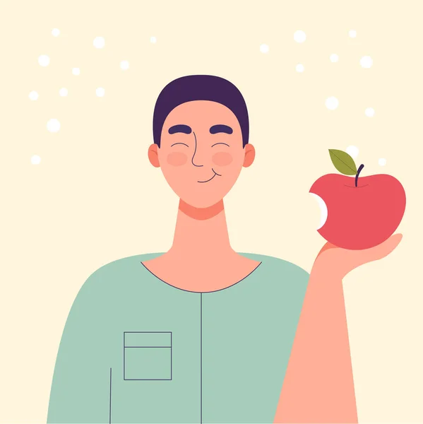 Hombre Está Comiendo Una Manzana Alimento Dietético Estilo Vida Saludable — Vector de stock