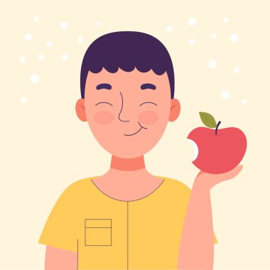 Elma yiyen sevimli gülümseyen çocuk. Okul atıştırması, sağlıklı yiyecekler, meyve diyeti, çocuklar için vitaminler. Düz vektör karikatür stok çizimi