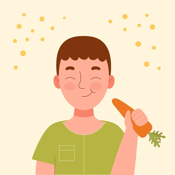 Lindo Chico Sonriente Comiendo Zanahoria Snack Escolar Comida Saludable Dieta — Vector de stock