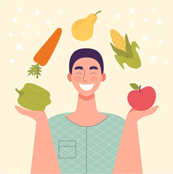 Hombre Sonriente Con Verduras Frutas Las Manos Comida Saludable Concepto — Vector de stock