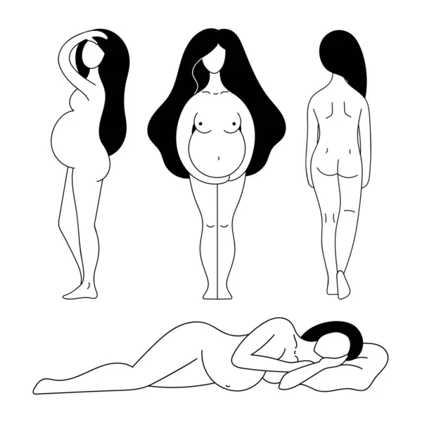 Ensemble Vectoriel Contour Belles Femmes Enceintes Nues Maternité Naissance Préparation — Image vectorielle