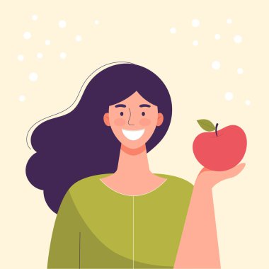 Gülümseyen genç kadın bir elma yiyor. Diyet yemek, sağlıklı yaşam tarzı, vejetaryen yemekleri, çiğ gıda diyeti. Öğrenci atıştırması. Düz çizgi film vektör çizimi.