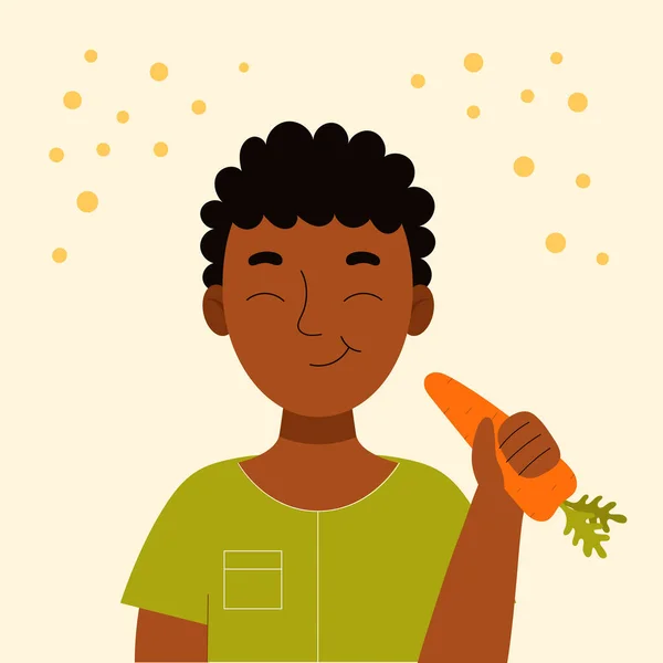 Lindo Chico Africano Sonriente Comiendo Zanahoria Snack Escolar Comida Saludable — Vector de stock