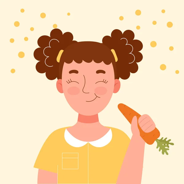 Menina Sorrindo Bonito Comer Cenoura Lanche Escolar Comida Saudável Dieta — Vetor de Stock