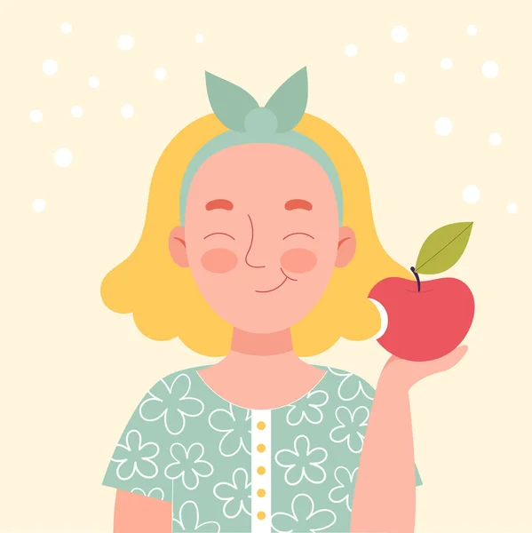 Linda Chica Rubia Sonriente Comiendo Una Manzana Snack Escolar Comida — Vector de stock