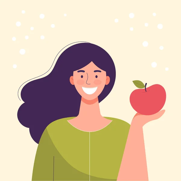 Leende Ung Kvinna Äter Ett Äpple Dietmat Hälsosam Livsstil Vegetarisk — Stock vektor