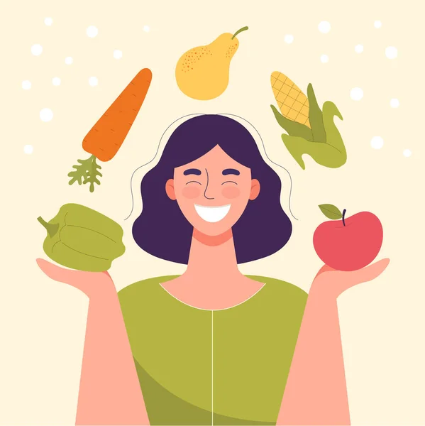 Smiling Woman Vegetables Fruits His Hands Healthy Food Concept Diet — Stock Vector