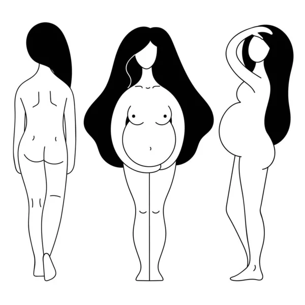 Ensemble Vectoriel Contour Belles Femmes Enceintes Nues Maternité Naissance Préparation — Image vectorielle