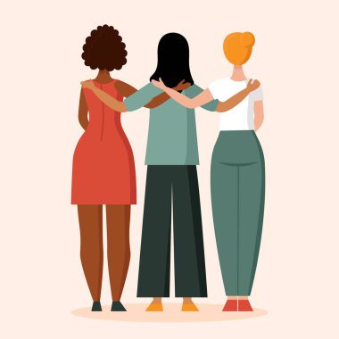 A woman with a different skin color stands with her back. The concept of anti racism, the unity of different races, a friendly hug. African, Asian and European races. Flat vector illustration isolated clipart