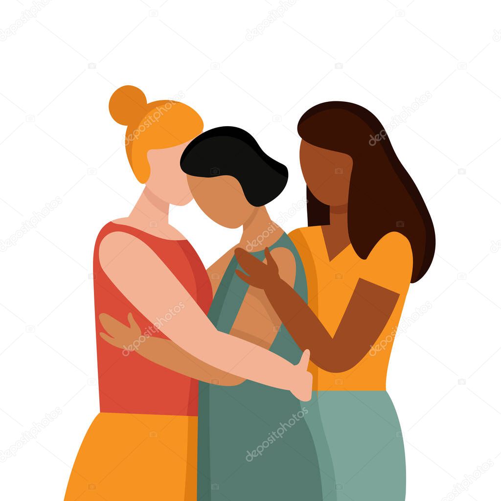 Women with different skin colors hug. The concept of anti racism, the unity of different races, a friendly hug. African, Asian and European races. Flat vector illustration isolated