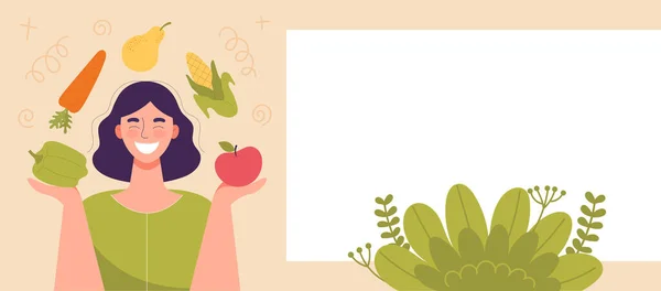 Mujer Sonriente Con Verduras Frutas Sus Manos Comida Saludable Concepto — Vector de stock