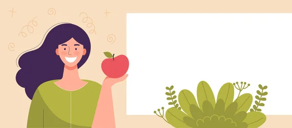 Mujer Joven Sosteniendo Manzana Mano Alimento Dietético Estilo Vida Saludable — Vector de stock