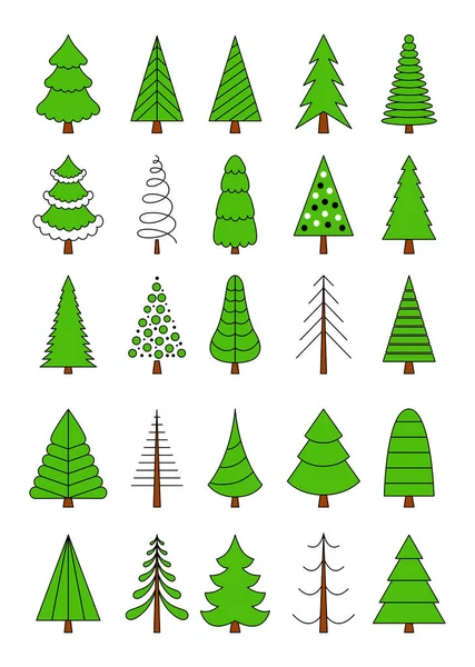 Basit bir taslak şeklinde bir Noel ağacı seti. Yeni yıl ve Noel için stilize elementler. Şenlikli bir kutlama. Tebrik kartı, paket kağıdı. Beyaz arkaplanda izole vektör illüstrasyonu.