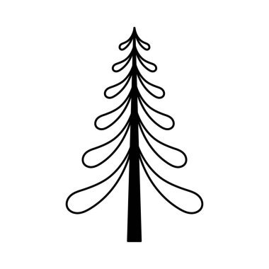 Basit bir taslak Noel ağacı. Yeni yıl ve Noel için stilize elementler. Şenlikli bir kutlama. Tebrik kartı, paket kağıdı. Beyaz arkaplanda izole vektör karalama çizimi