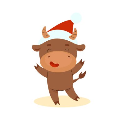 Sevimli, mutlu bir boğa duruyor. - Mutlu yıllar. Çin yeni yıl sembolü. Noel kartı. 2021 yılı. Düz vektör karikatür çizimi beyaz arkaplanda izole edildi