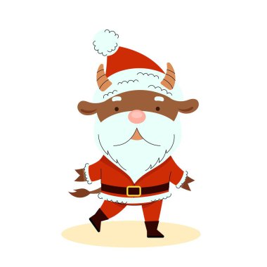 Noel Baba kostümlü şirin bir boğa. - Mutlu yıllar. Çin yeni yıl sembolü. Noel kartı. 2021 yılı. Düz vektör karikatür çizimi beyaz arkaplanda izole edildi