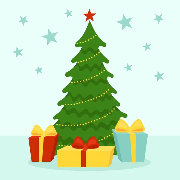 Χαριτωμένο διακοσμημένο χριστουγεννιάτικο δέντρο με δώρα κάτω από αυτό. Χριστουγεννιάτικη και Πρωτοχρονιά διακόσμηση, καρτ ποστάλ. Επίπεδη απεικόνιση διάνυσμα κινουμένων σχεδίων σε γαλάζιο φόντο — Διανυσματικό Αρχείο