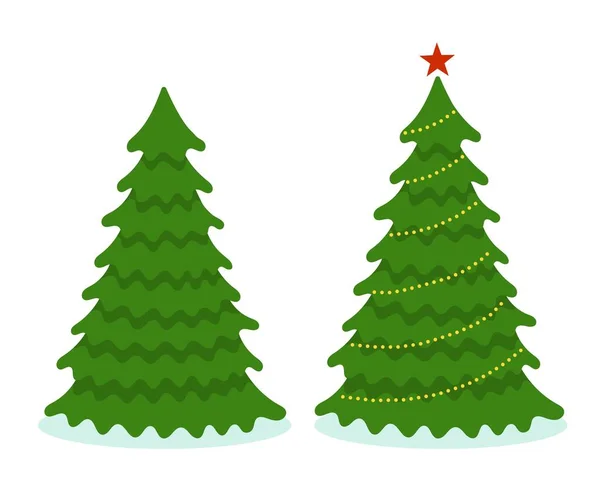 Christmas tree with or without decorations. Before and after. Decorating a festive party. New Year celebration. Flat cartoon vector illustration on light blue background — Stock Vector