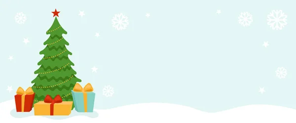 Χαριτωμένο διακοσμημένο χριστουγεννιάτικο δέντρο με δώρα κάτω από αυτό. Χριστούγεννα και Πρωτοχρονιά διακόσμηση, postcard.Template, πανό για site.Space για text.Flat εικονογράφηση διάνυσμα κινουμένων σχεδίων σε γαλάζιο φόντο — Διανυσματικό Αρχείο