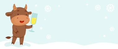 Bir bardak şampanyalı şirin bir Noel boğası. Web sitesi, sosyal ağlar, reklamlar, kartpostallar için Noel afişi tasarımı şablonu. Kar taneli düz karikatür çizimi.