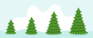 Noel ağacı büyüme aşamaları. Ağaç büyümesinin dört aşaması. Ağaç yetiştirme süreci. Yeni yıla ve Noel 'e hazırlanıyorum. Kar arkaplanındaki düz çizgi film çizimi.