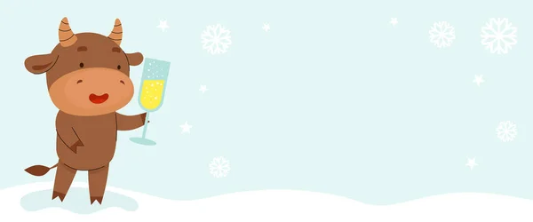 Cute Christmas Bull Glass Champagne Template Christmas Banner Design Website — Διανυσματικό Αρχείο