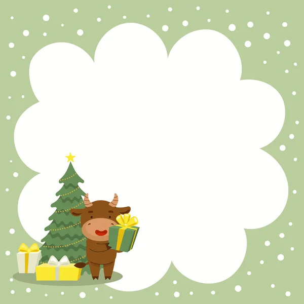 靠近圣诞树的可爱的矢量圣诞公牛正拿着礼物。9.新年贺卡。假日的模板。浅色背景上有雪花的平面卡通画 — 图库矢量图片